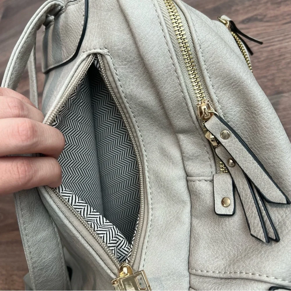 Stylish Faux Leather Cream Backpack Gold Hardware